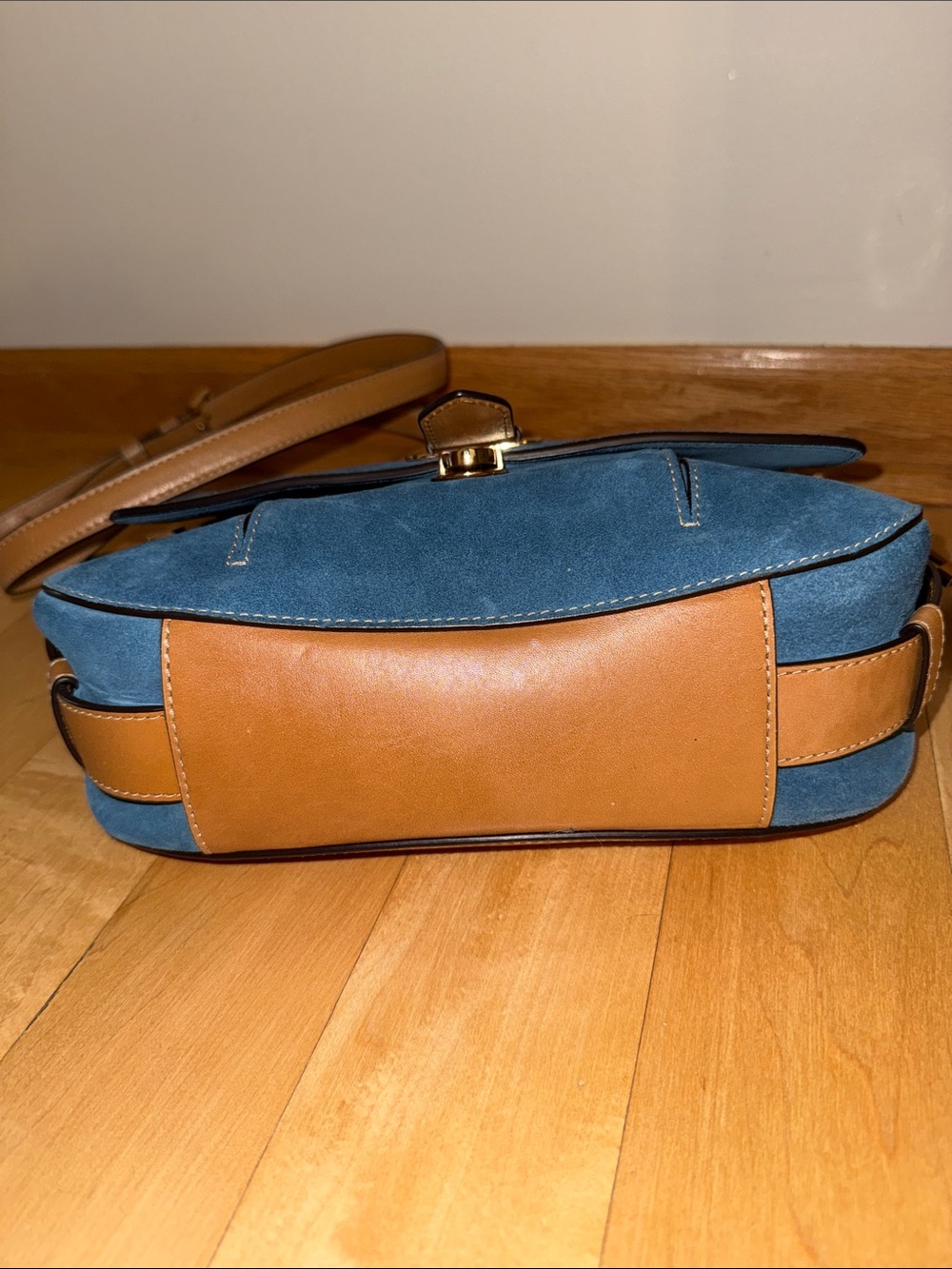 Michael Kors Romy Blue Suede Satchel with Tan Leather Trim and Strap - Picture 8 of 8